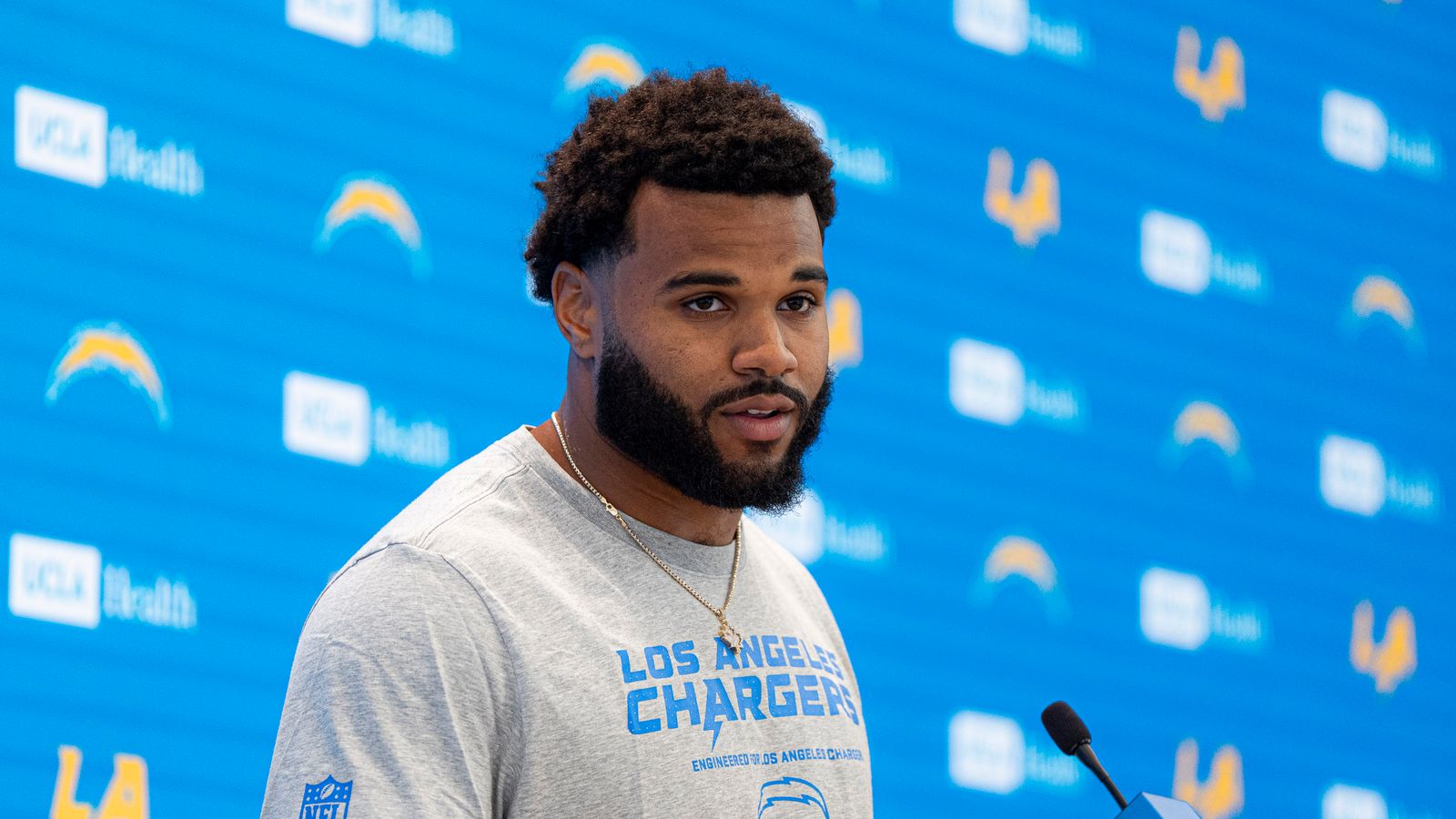 Akheem Mesidor addresses media as a Charger