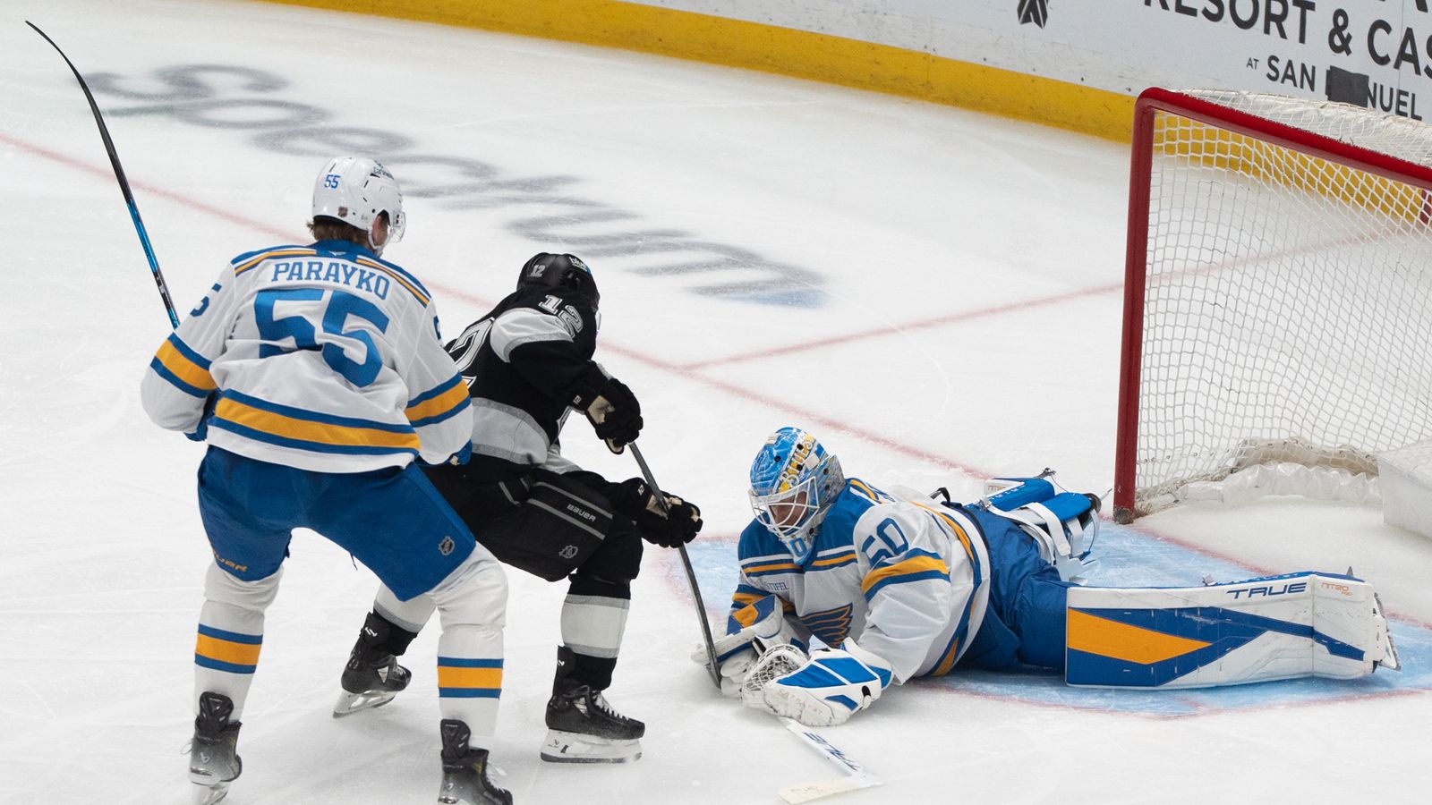Denied at the Doorstep: Trevor Moore’s close-range shot is smothered by the defense