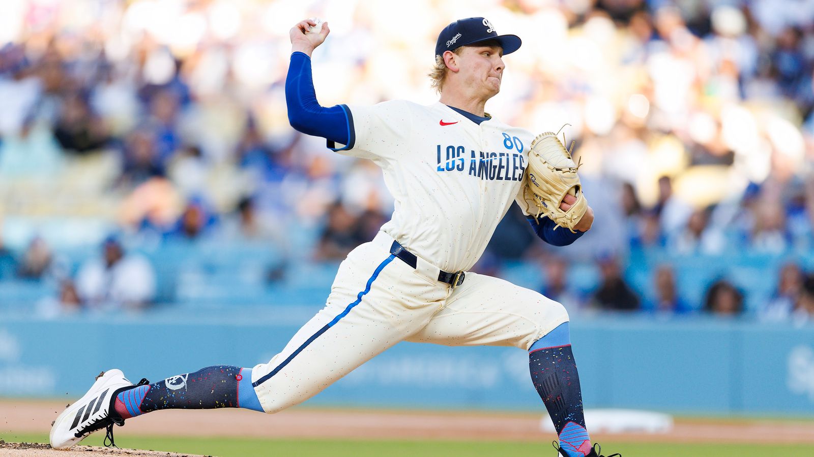 Dodgers Emmet Sheehan #80 pitches against the Rangers