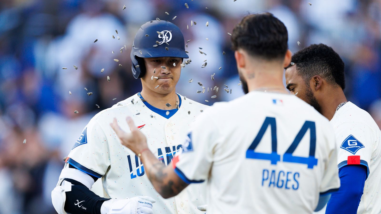 Dodgers Shohei Ohtani #17 celebrates at home