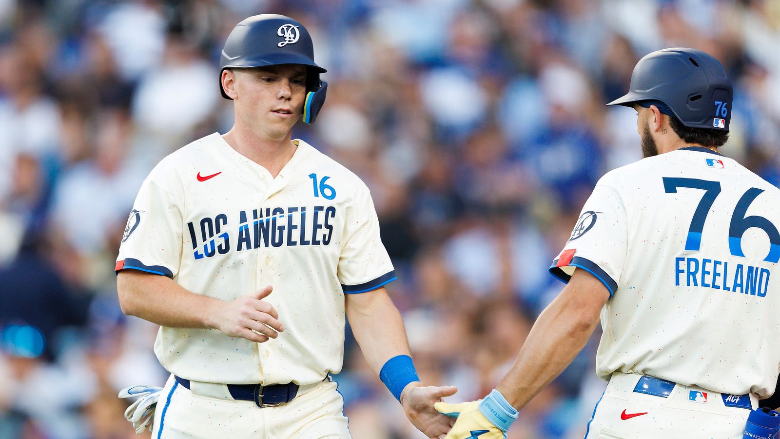Dodgers Will Smith #16 celebrates with Alex Freeland #76