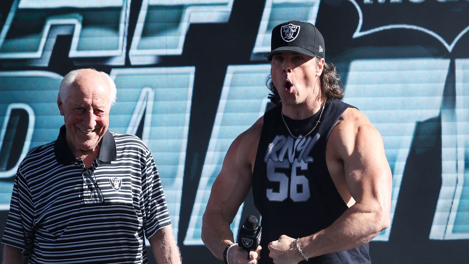 Fred Biletnikoff and Miles Burris Hype Crowd at Raiders Draft Party
