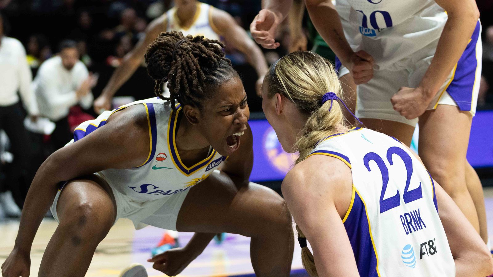 Sparks Ariel Atkins (7) celebrates a Cameron Brink (22) block