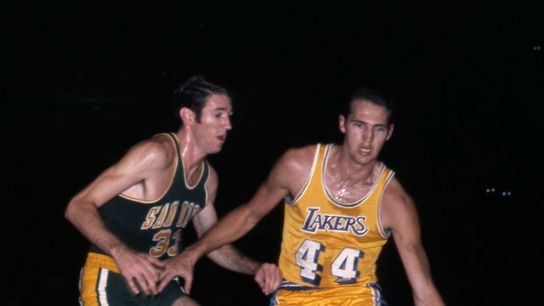 Jerry West Driving Against the San Diego Rockets at The Forum