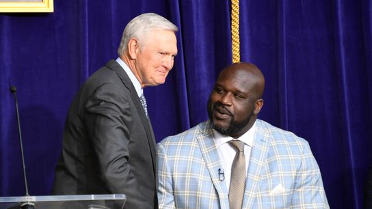 Jerry West and Shaquille O’Neal at the Staples Center Statue Unveiling