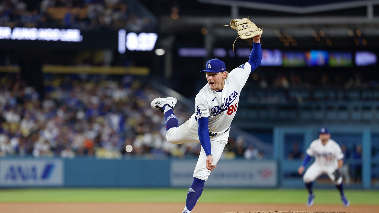 Emmet Sheehan delivers a pitch against the Giants at Dodger Stadium.