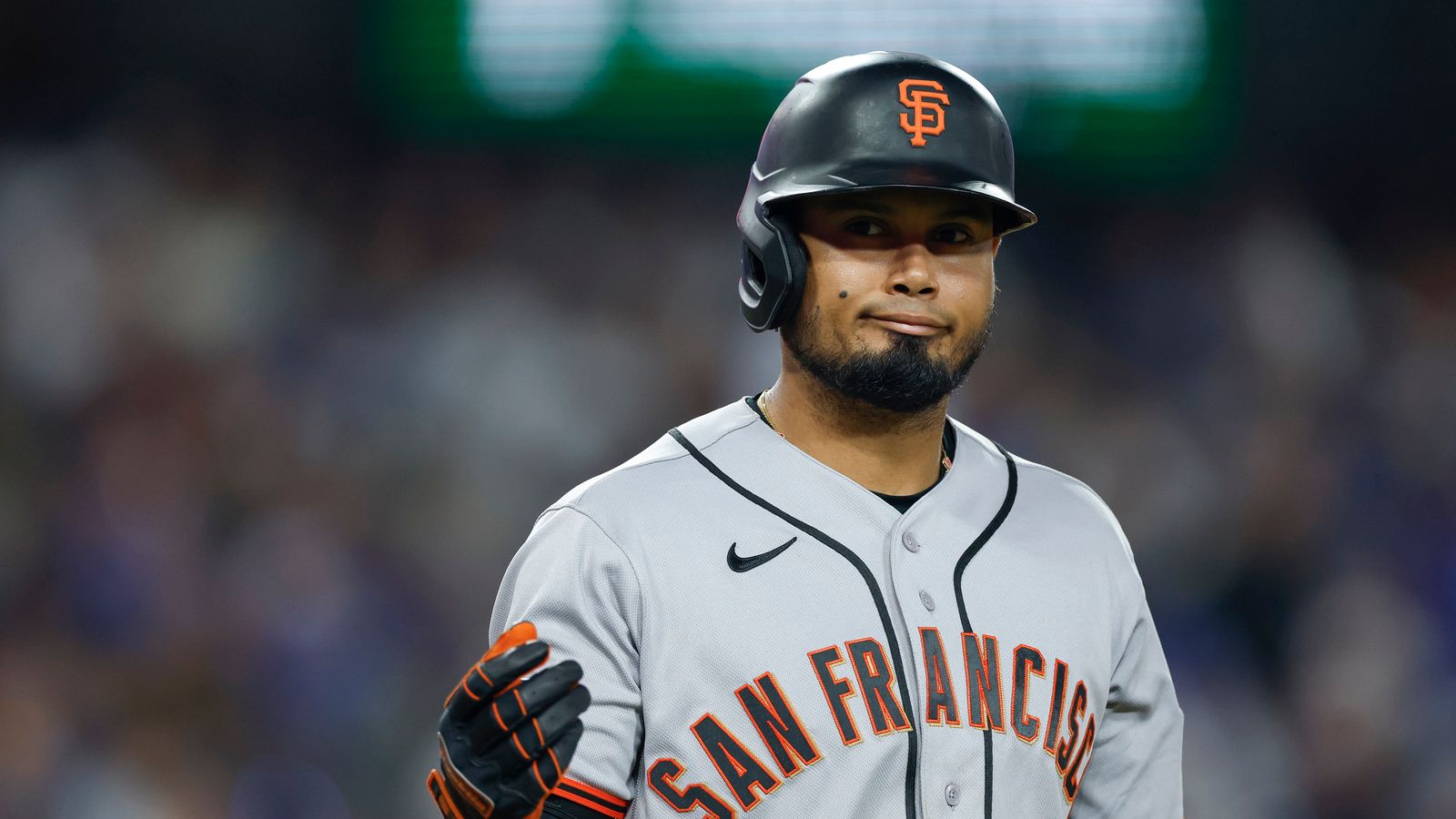 Luis Arraez reacts during the Dodgers vs. Giants game at Dodger Stadium.