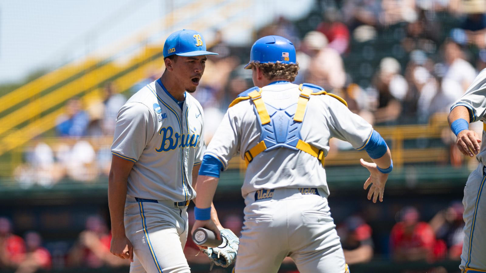 Angel Cervantes celebrates a successful inning for UCLA