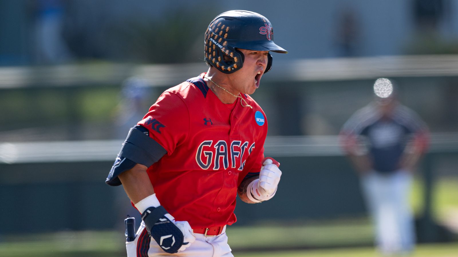 Cody Kashimoto celebrates a hit at Jackie Robinson Stadium