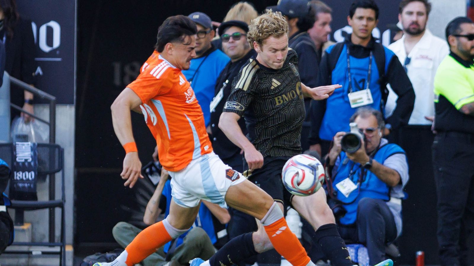 Jacob Shaffelburg #18 of LAFC receives a pass against Houston Dynamo FC
