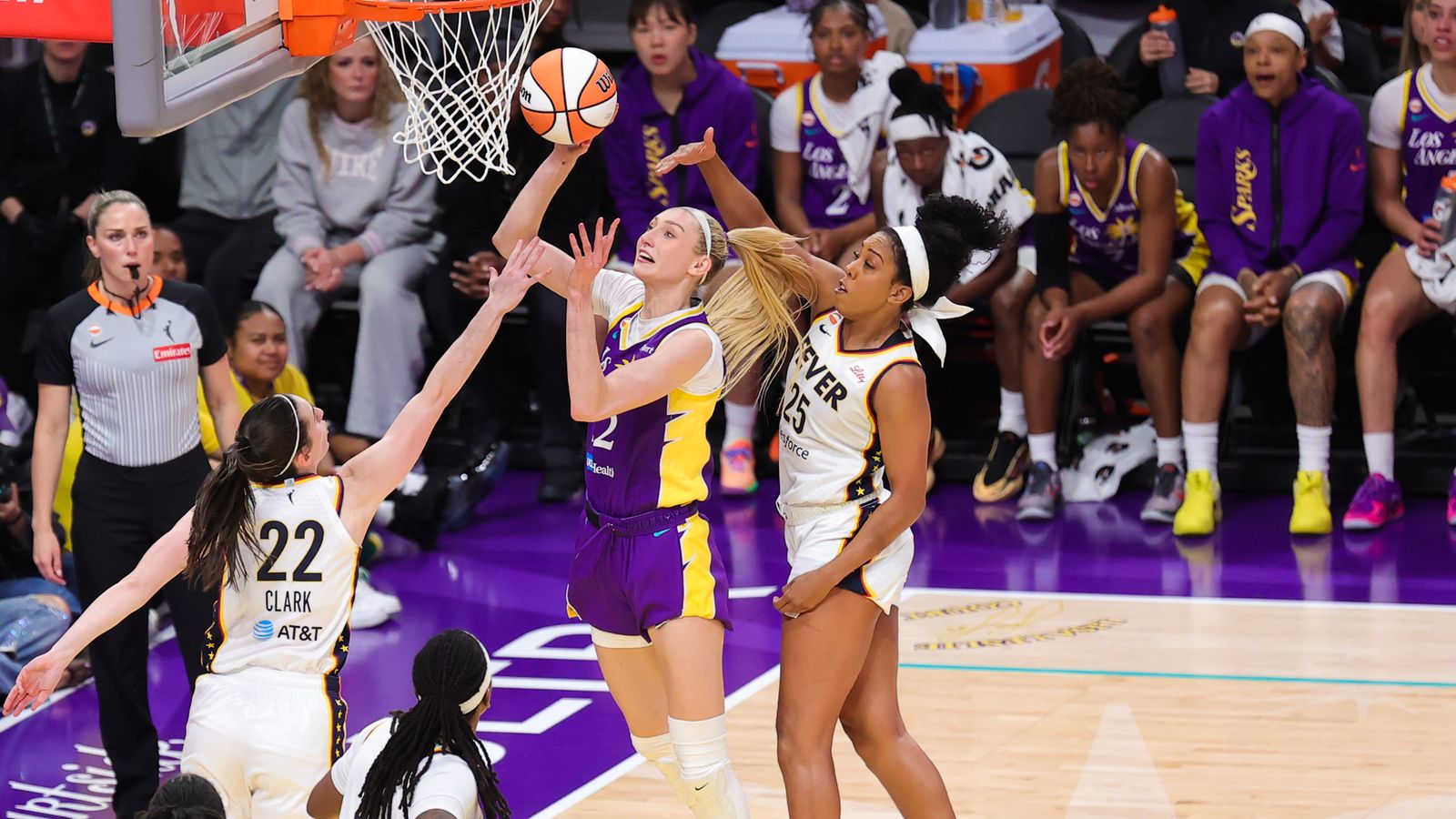 Cameron Brink shooting during WNBA game against Indiana Fever