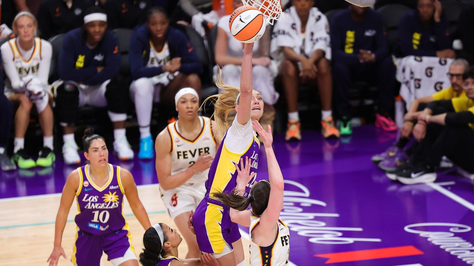 Cameron Brink blocks a shot in WNBA game versus Fever
