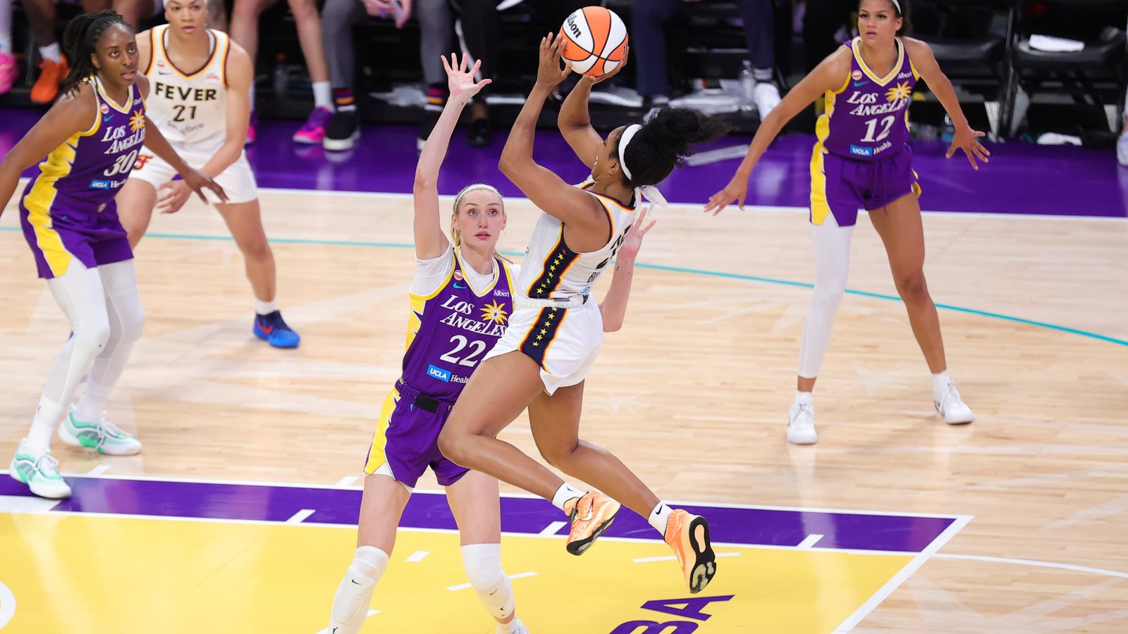 Cameron Brink defending during a WNBA match against Fever