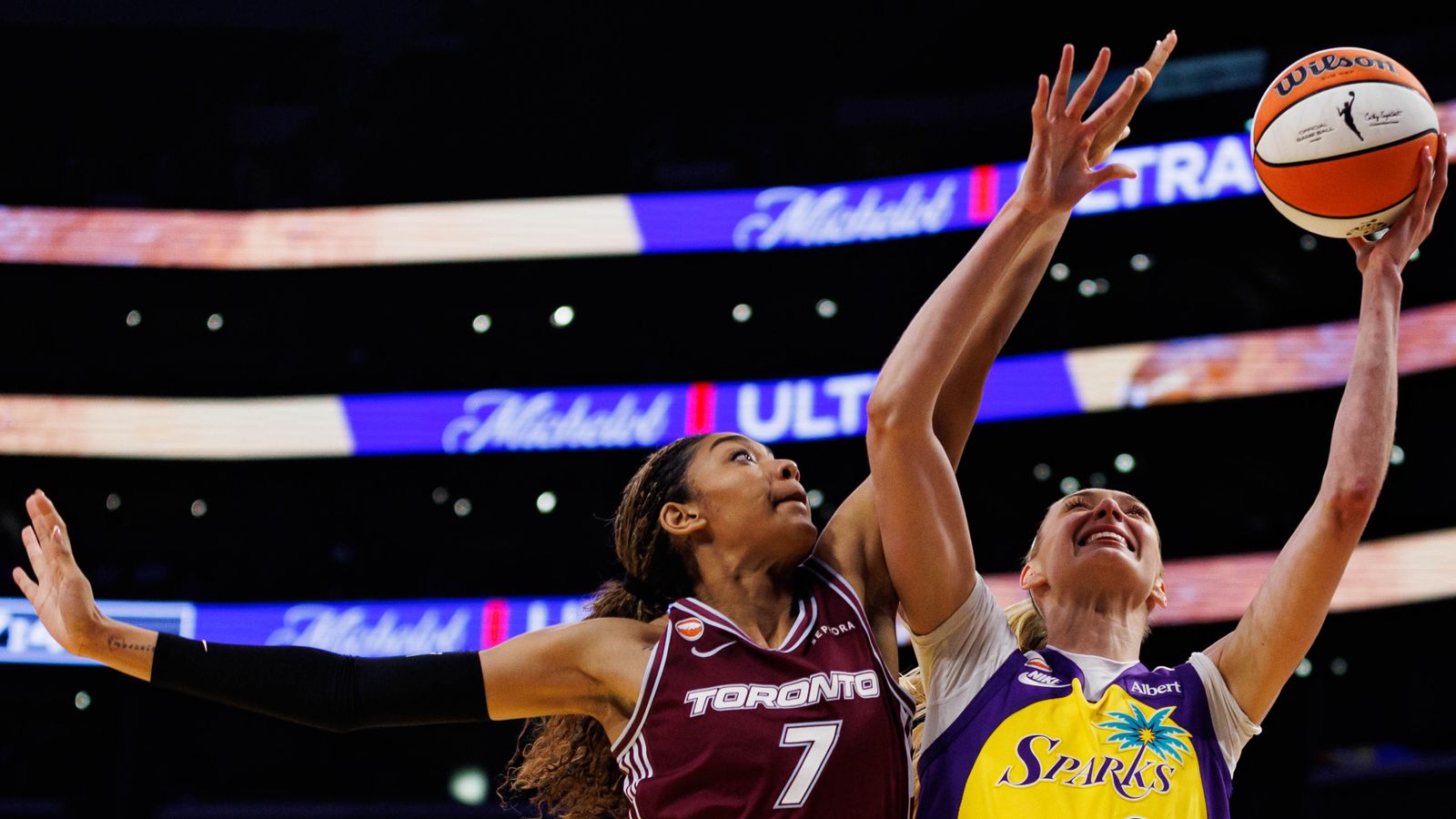 Cameron Brink attempts a layup in a WNBA game against the Tempo.