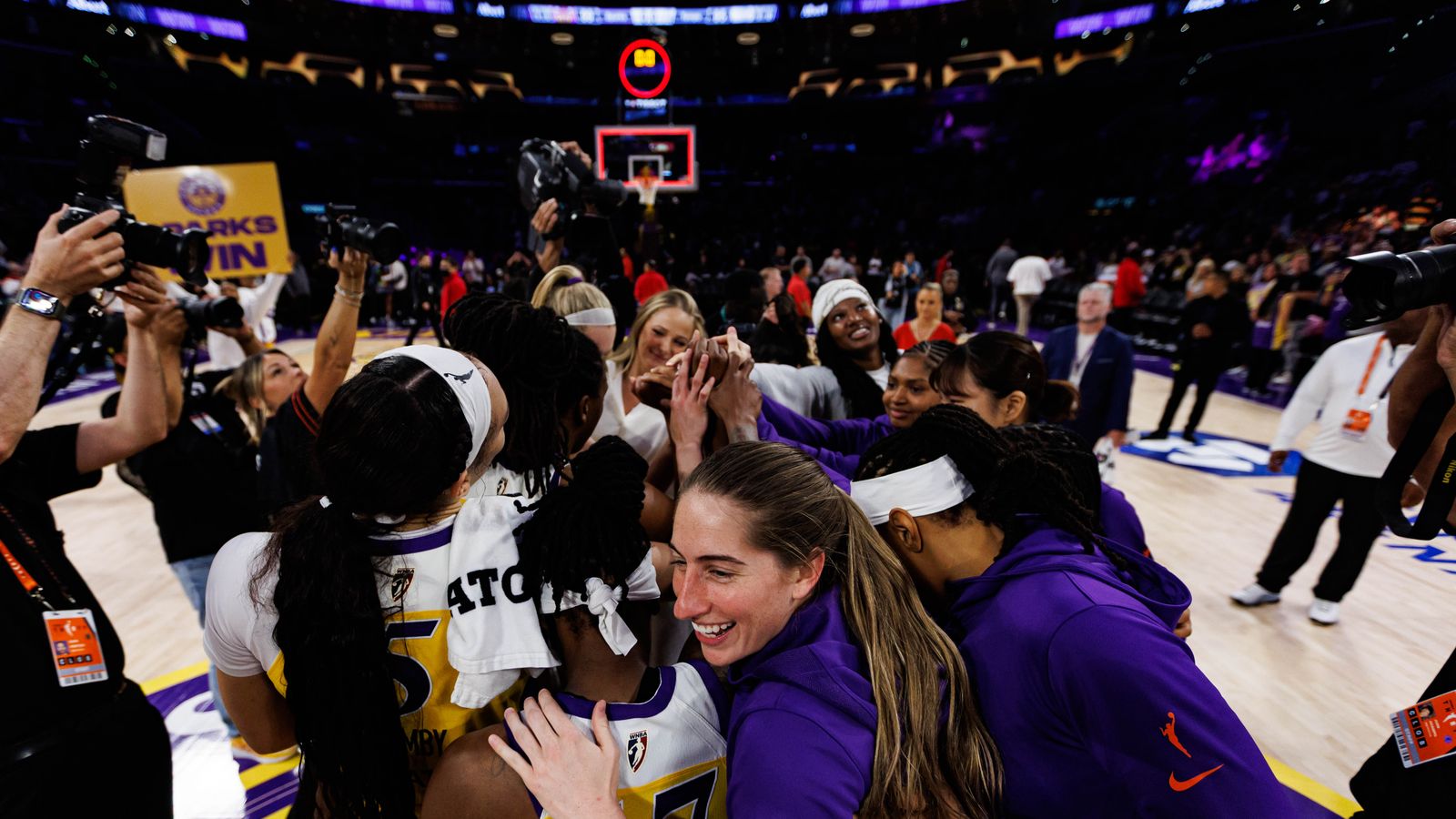 Los Angeles Sparks celebrate a victory over the Toronto Tempo.
