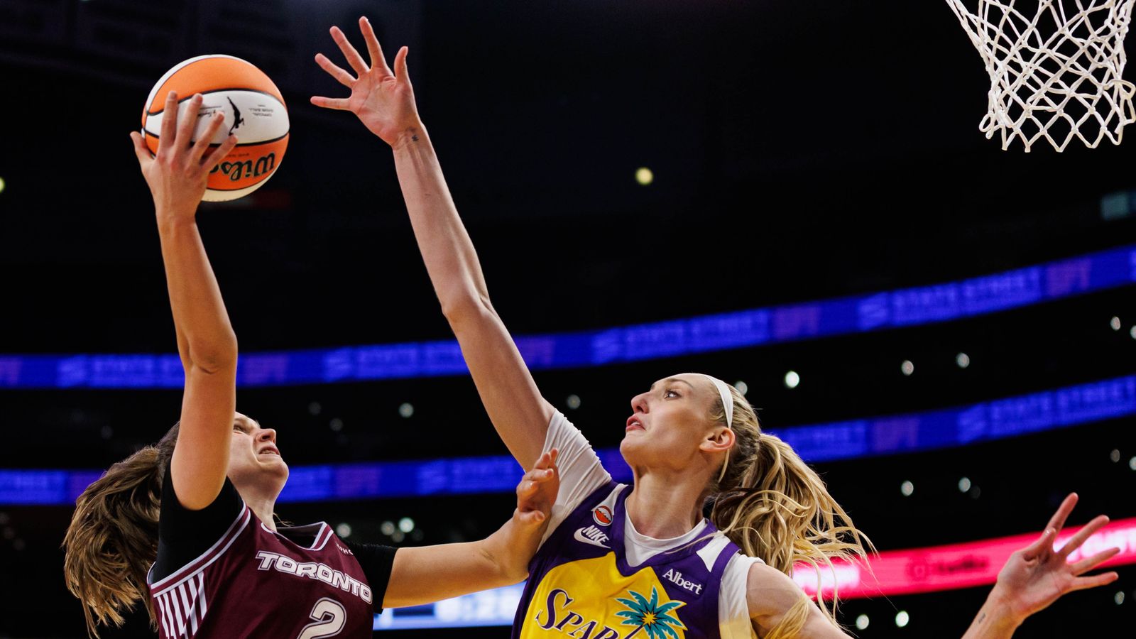 Cameron Brink blocks a shot in a WNBA game against the Tempo.