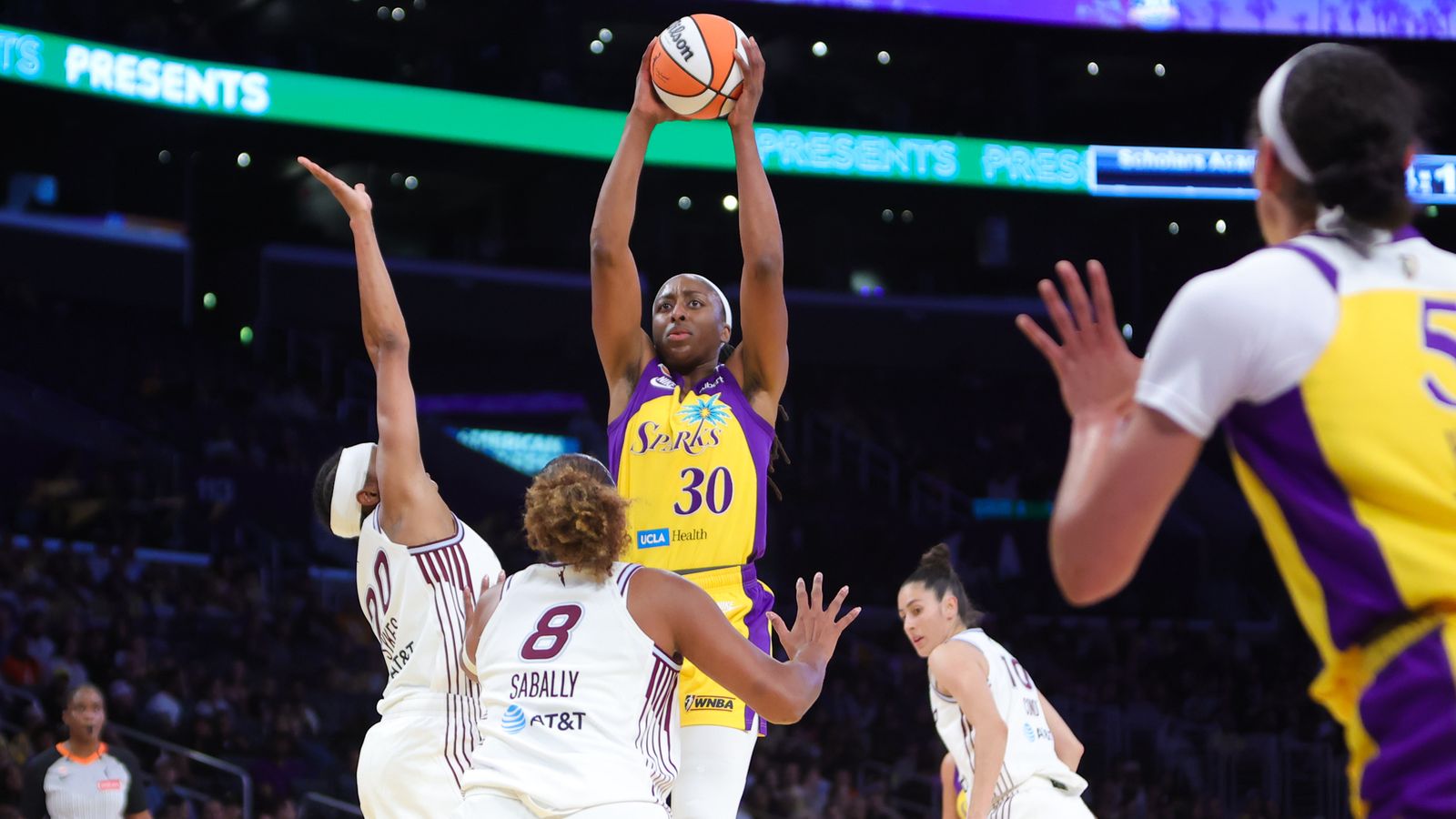 Nneka Ogwumike shoots during a WNBA game vs. Toronto Tempo