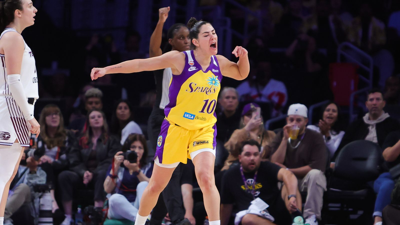 Kelsey Plum celebrates an and one vs. Toronto Tempo