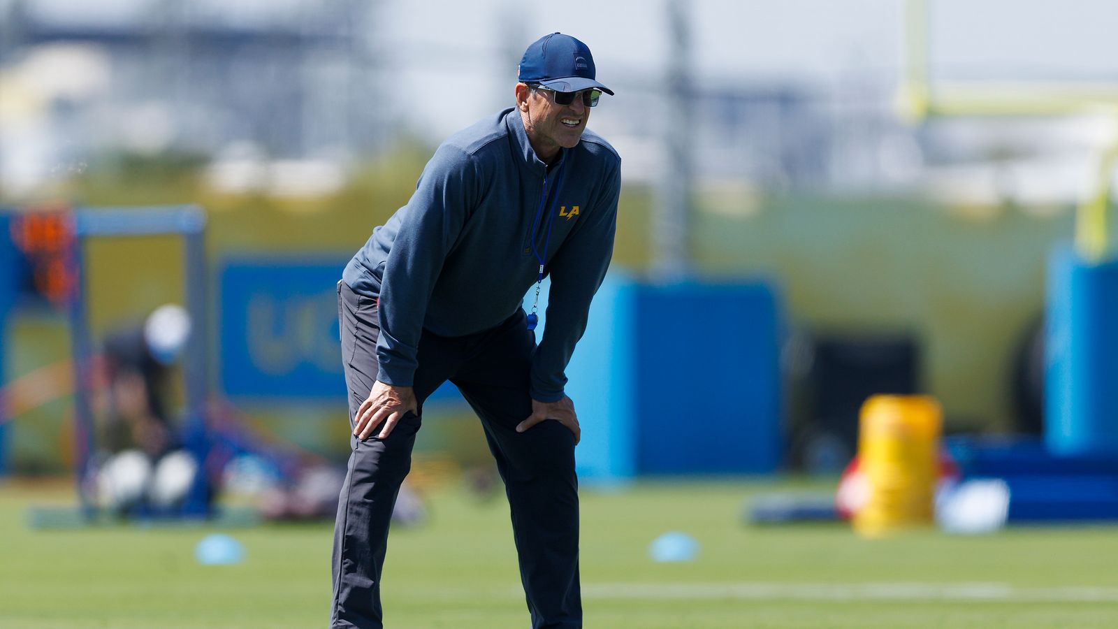 Jim Harbaugh oversees Chargers' practice at The Bolt