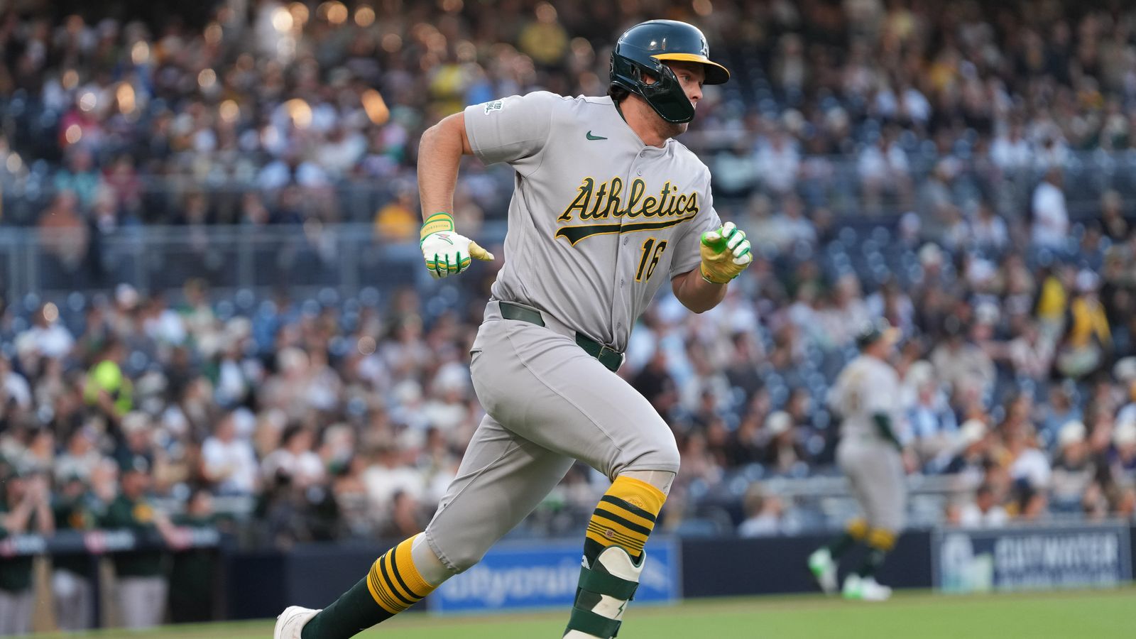 Nick Kurtz runs to first base in MLB game, Padres vs Athletics.