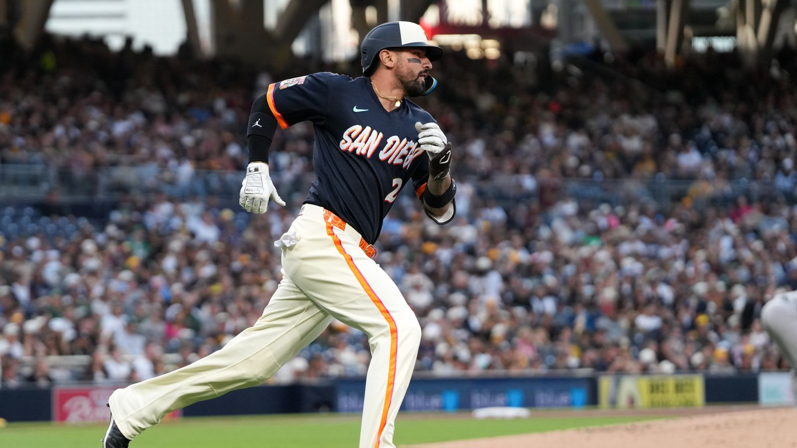 Nick Castellanos runs to first base in game against Athletics.