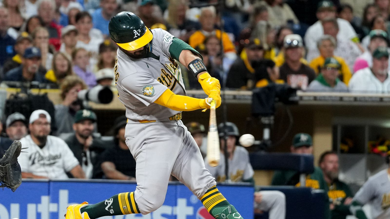 Shea Langeliers batting in Padres vs Athletics game.