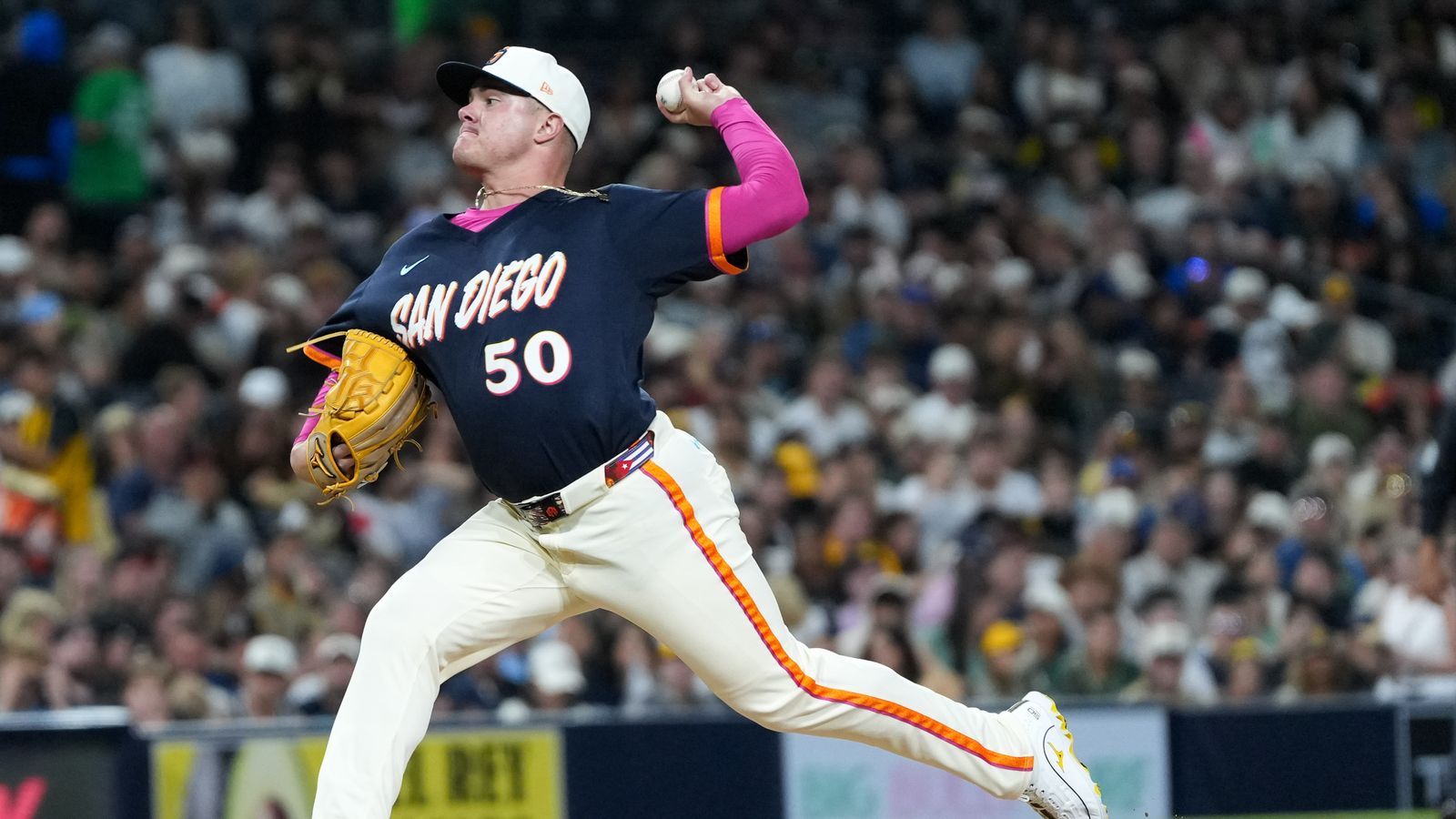 Adrian Morejon in pitching action against the Athletics.