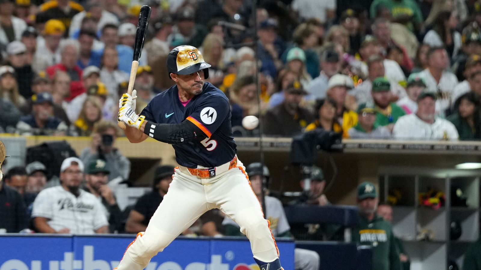 Ramon Laureano lets a pitch go by during Padres game.