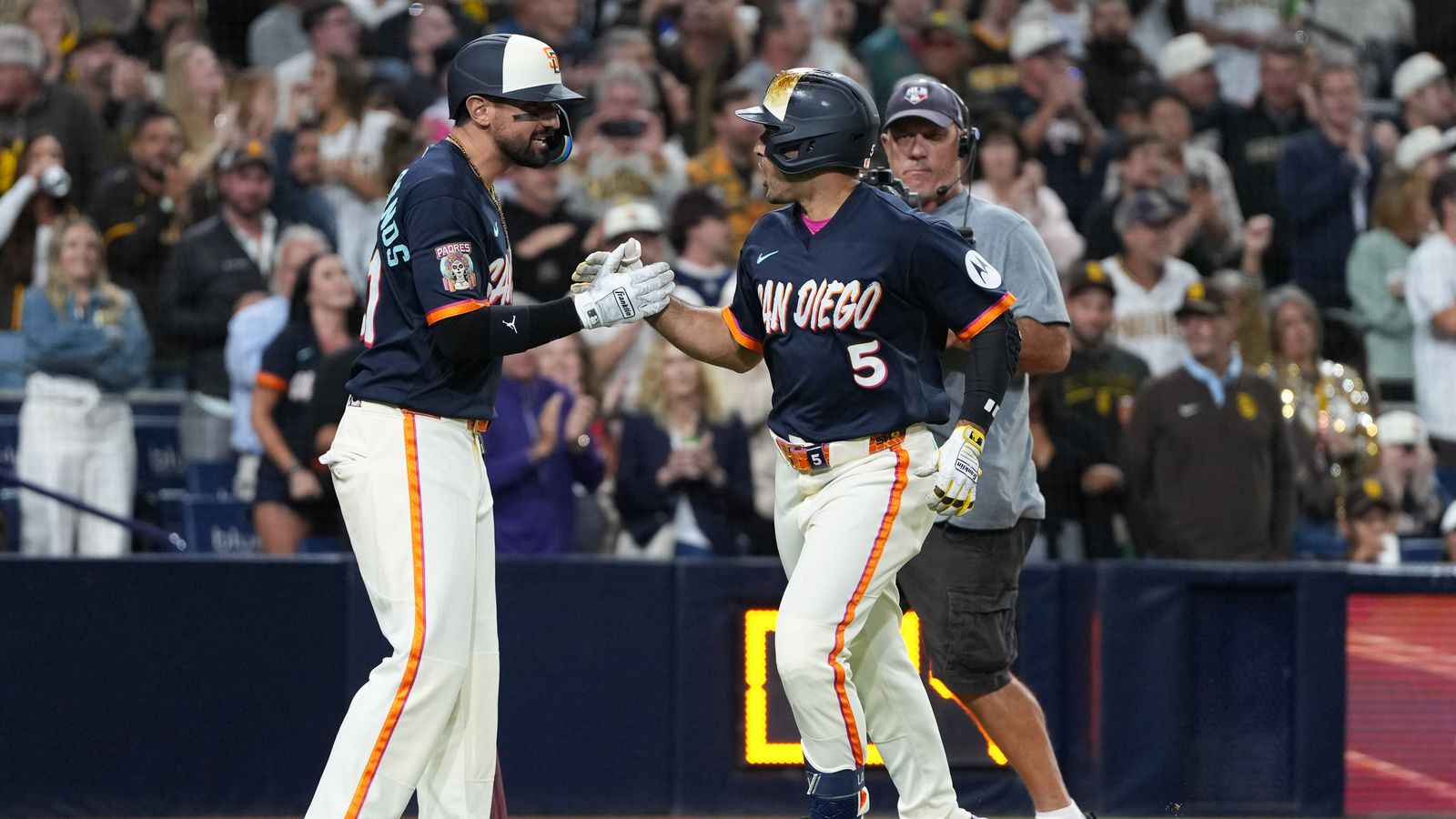 Ramon Laureano celebrates a home run against the Athletics.