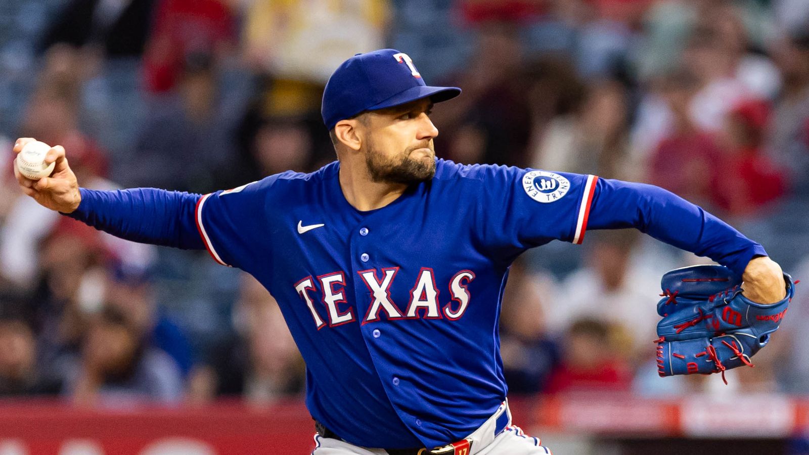 Nathan Eovaldi pitches in MLB game at Angel Stadium