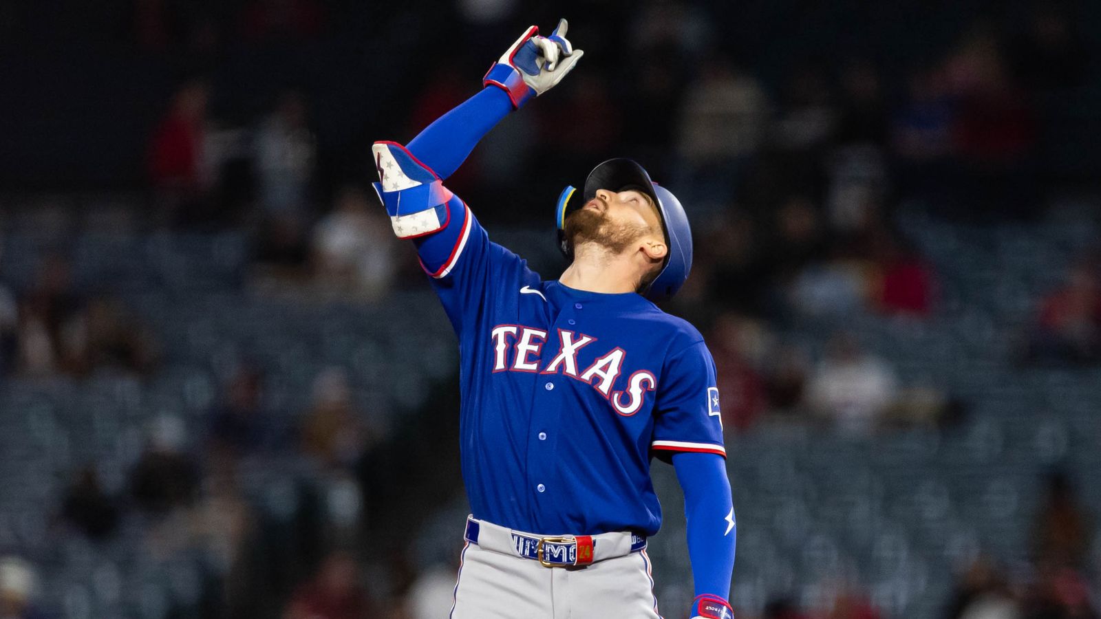 Brandon Nimmo celebrates a double at Angel Stadium