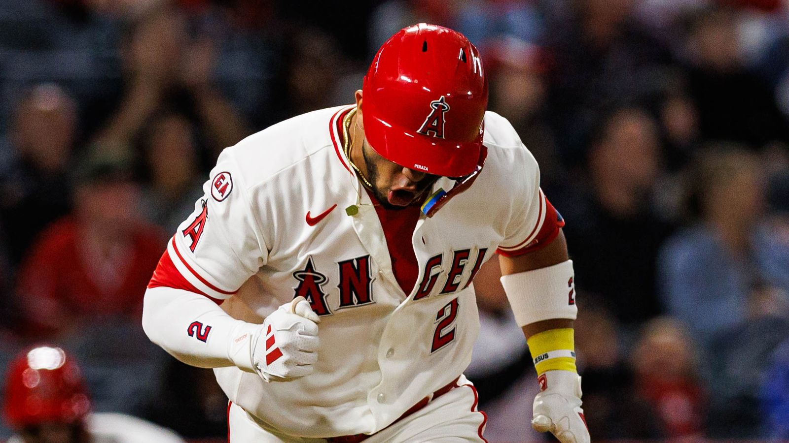 Oswald Peraza celebrates a hit at Angel Stadium