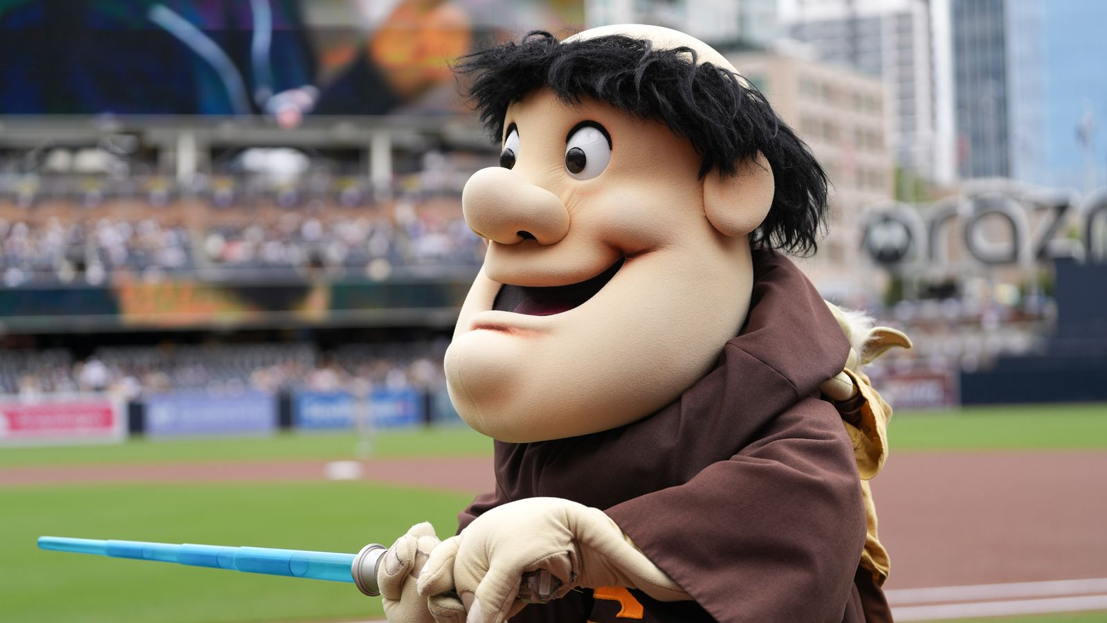 Padres mascot with lightsaber before the game