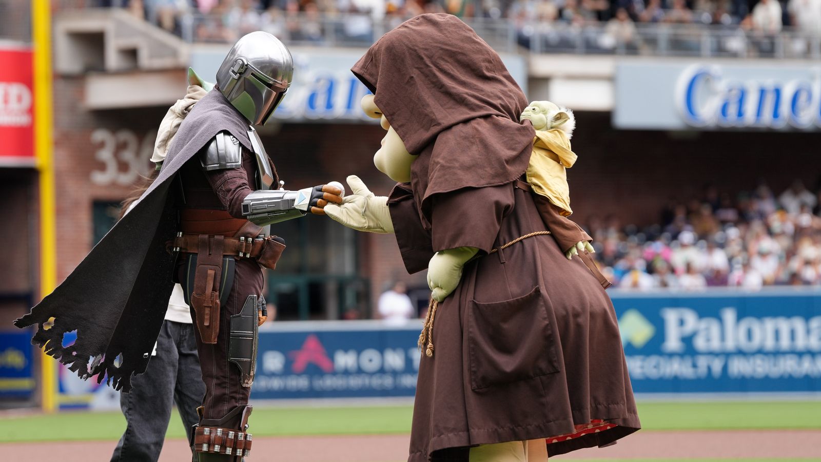 Mandalorian and Padres mascot at Petco Park