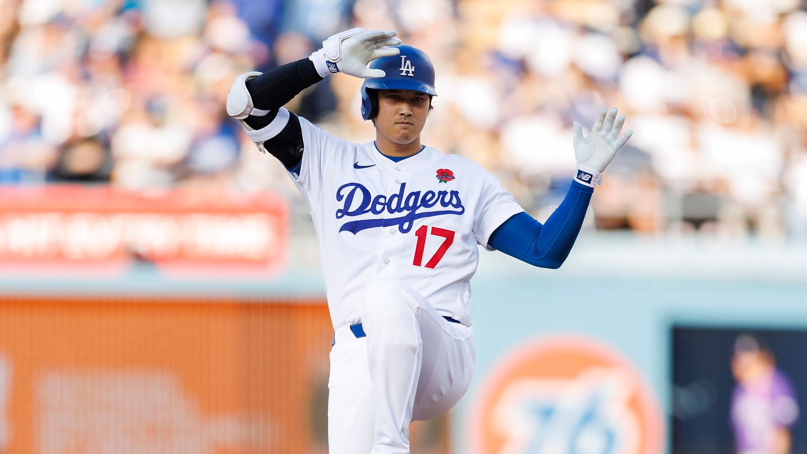 Shohei Ohtani celebrates a double at Dodger Stadium