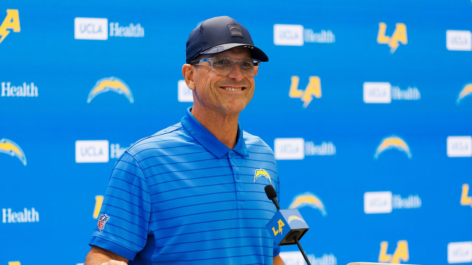 Jim Harbaugh speaks to media before Chargers OTA at The Bolt.