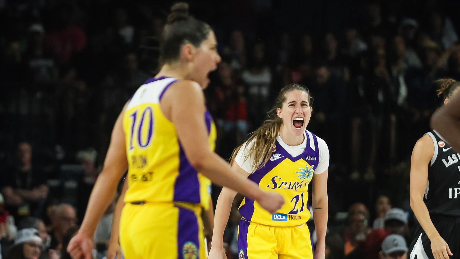 Kate Martin shouts in victory during the Sparks vs. Aces game.