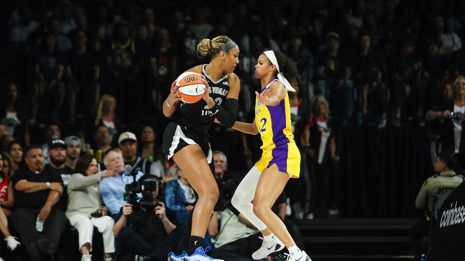A'ja Wilson prepares to drive towards the basket in WNBA play.