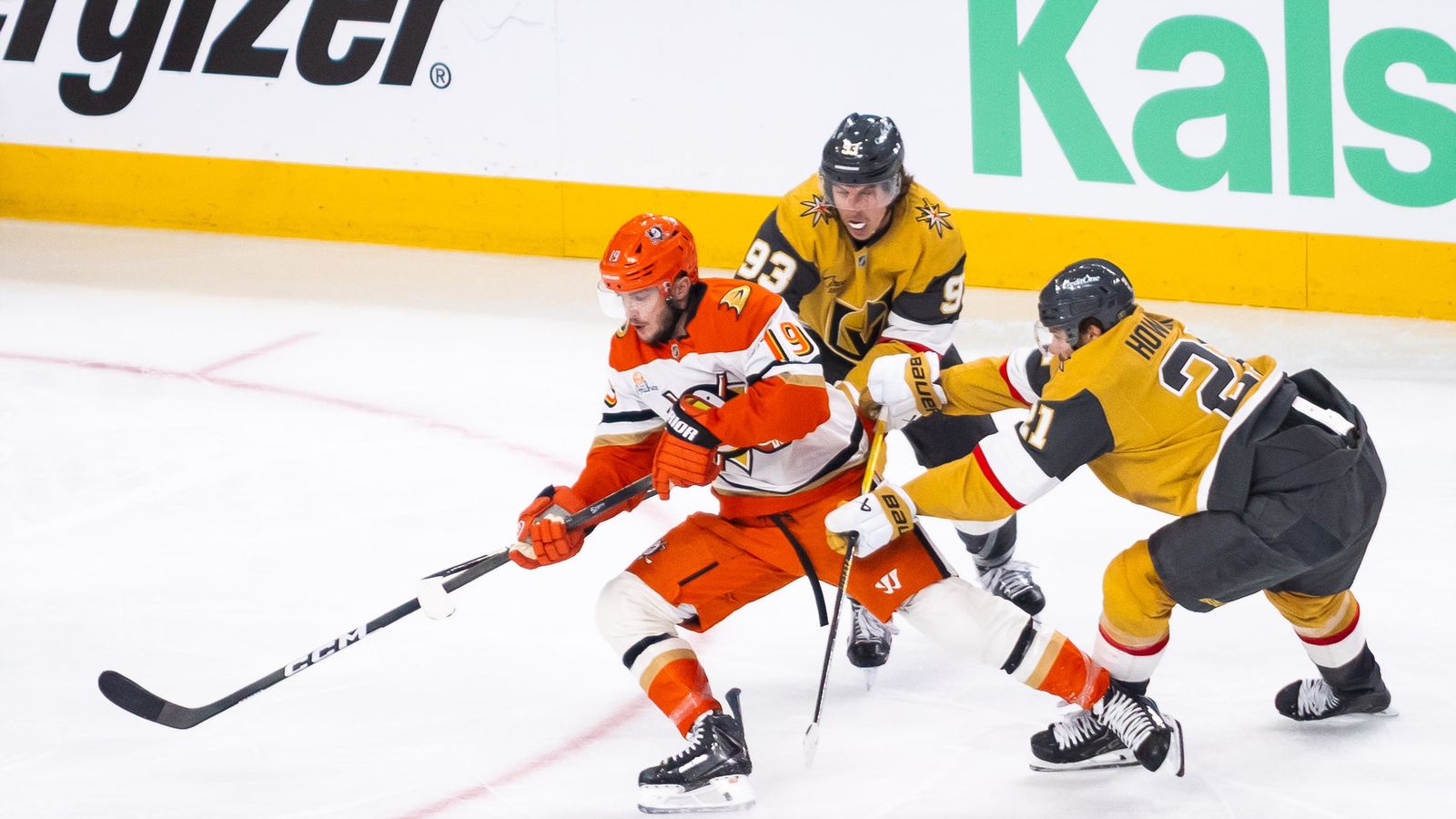 Troy Terry maneuvers past Golden Knights' defense in NHL playoff game