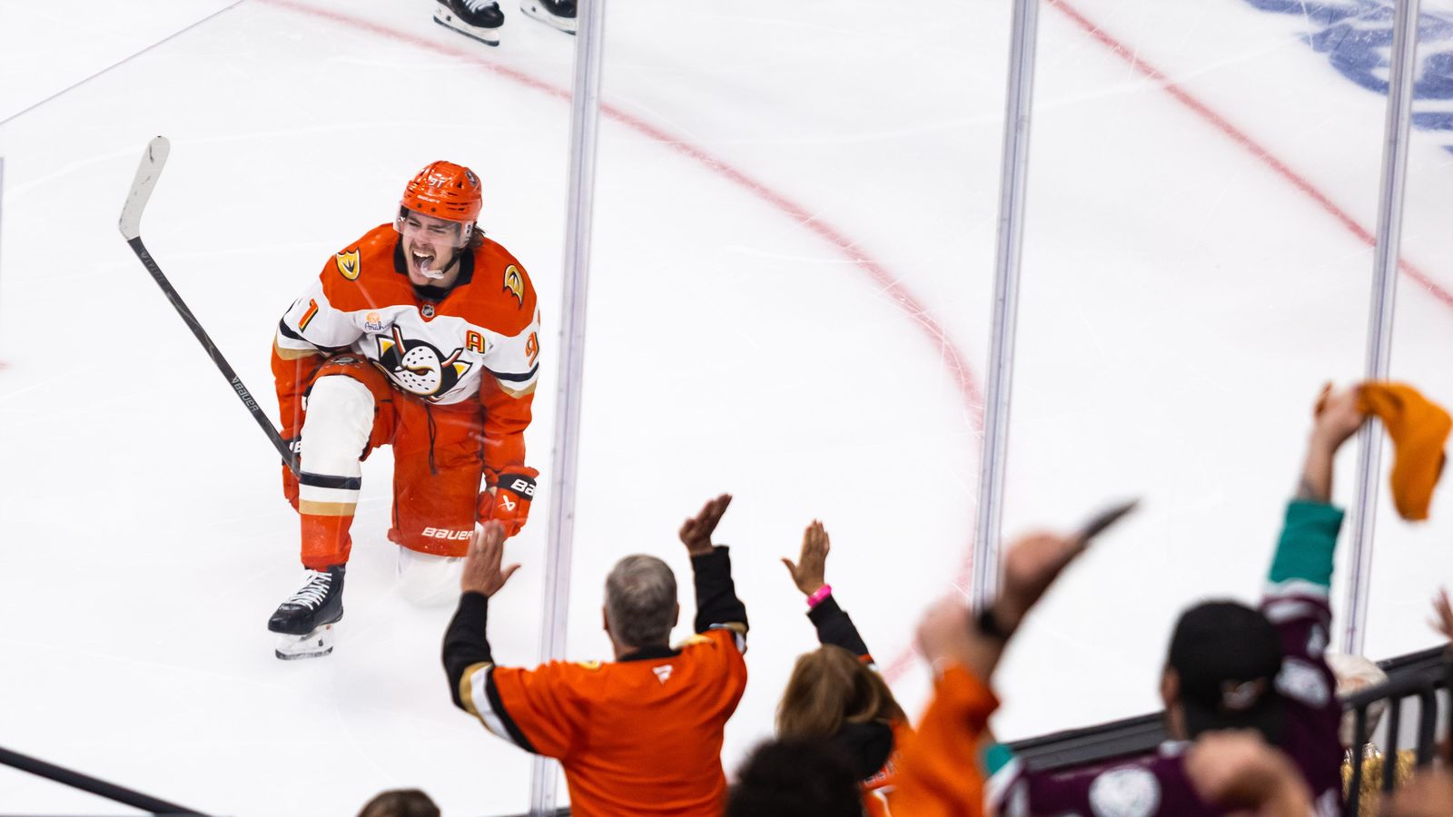 Leo Carlsson celebrates a goal in NHL playoff game against Golden Knights