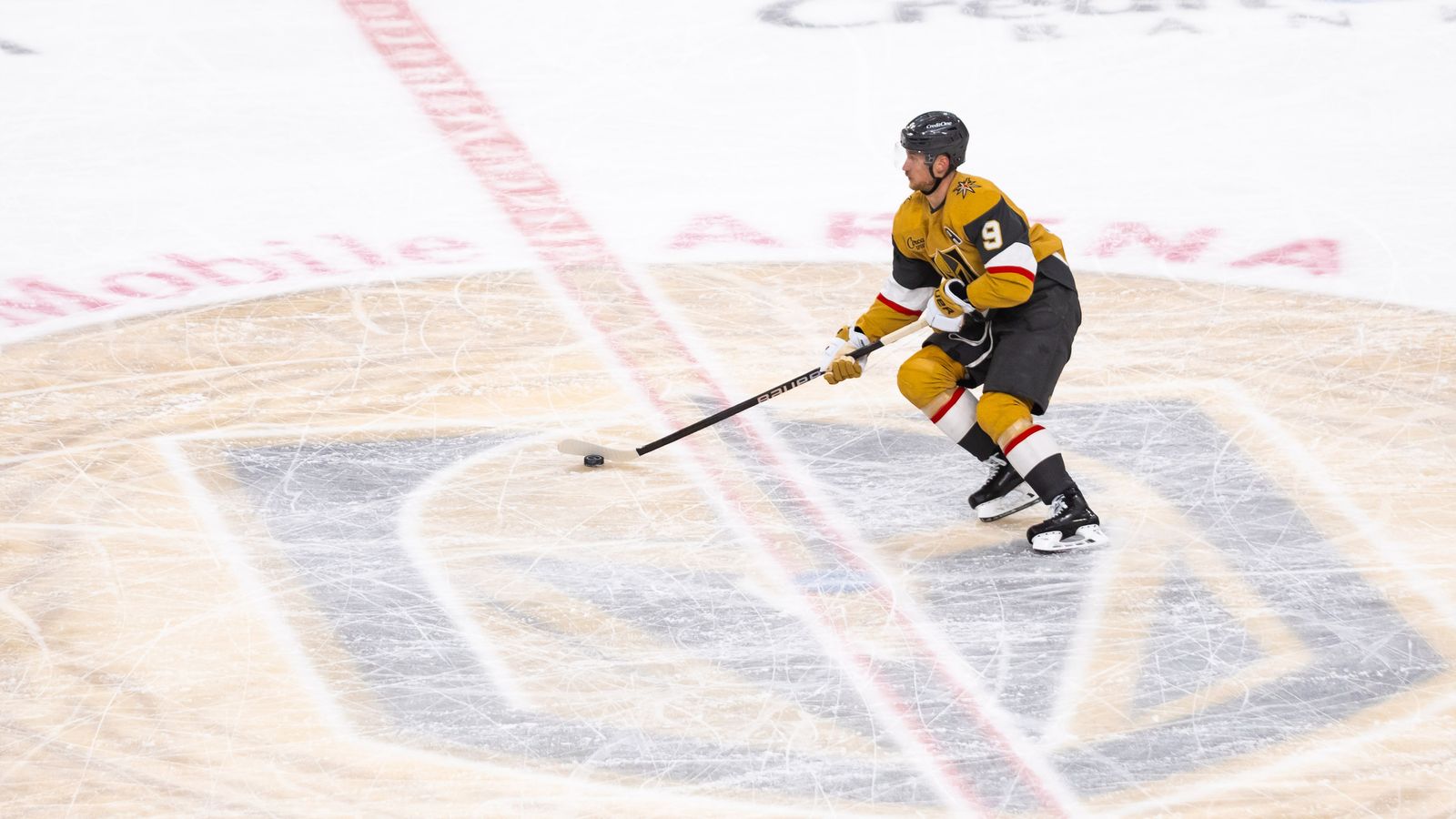 Jack Eichel leads the puck in NHL playoff game at T-Mobile Arena