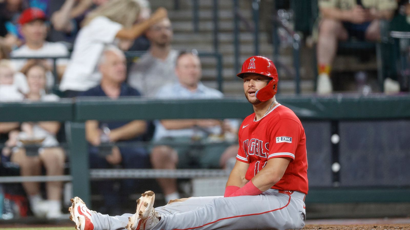 Logan O'Hoppe's reaction after being tagged out, 2026