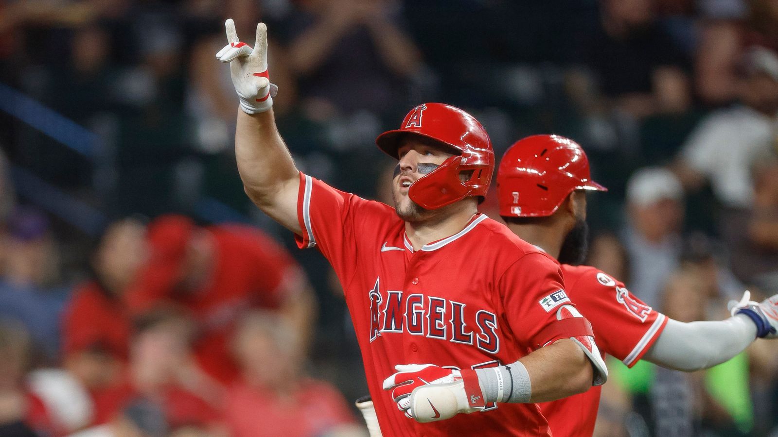 Mike Trout celebrates his home run, Chase Field 2026
