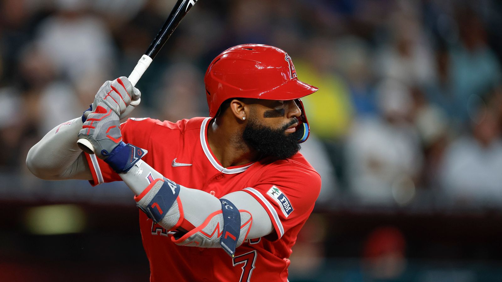 Jo Adell bats against the Diamondbacks at Chase Field, June 2026