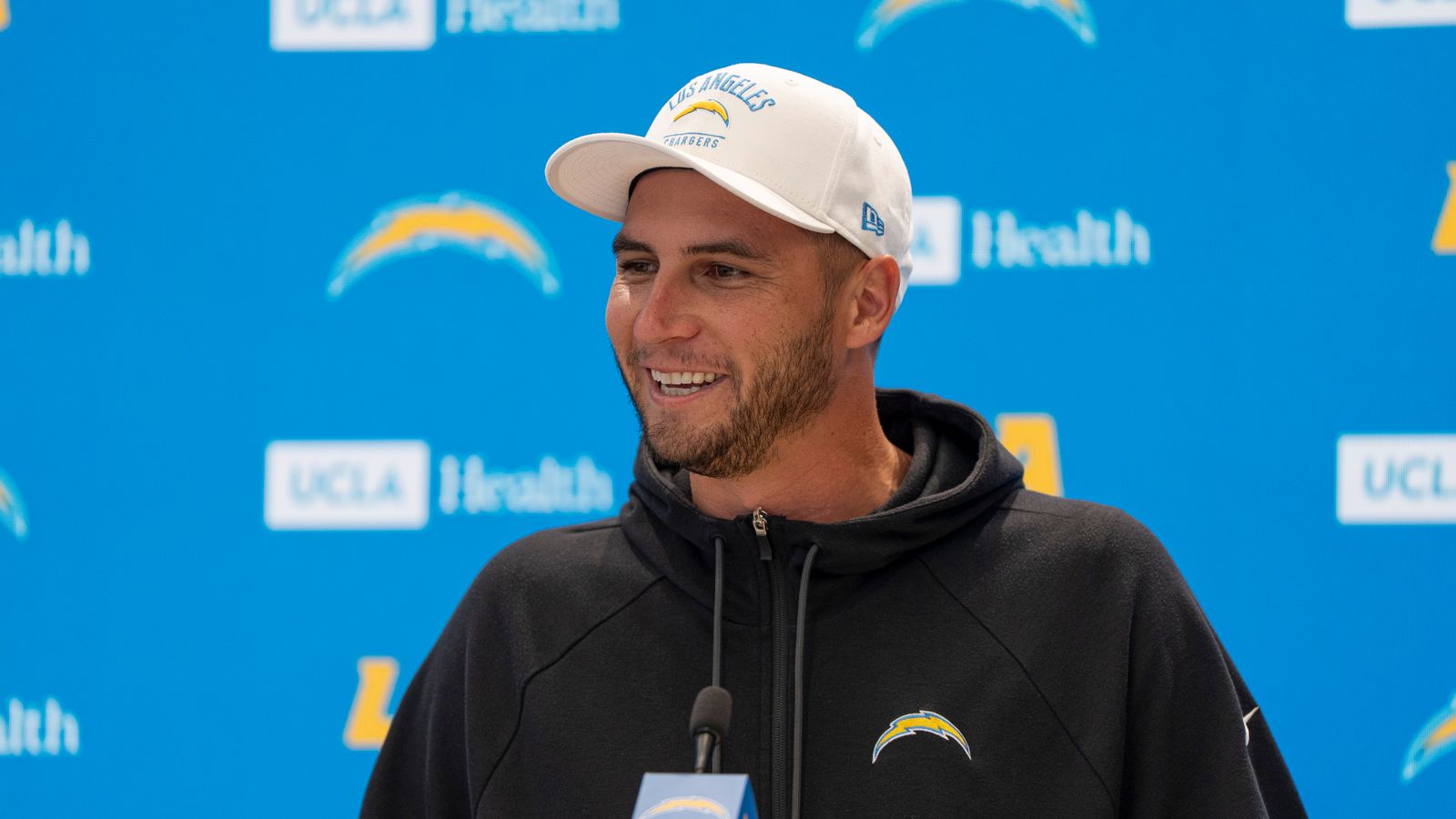 Max McCaffrey addresses the press at Chargers OTA