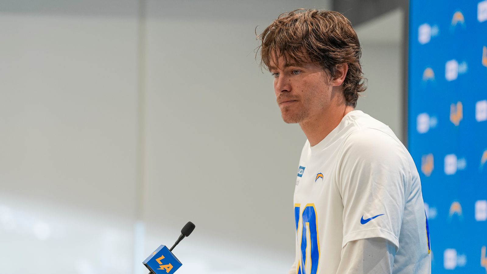 Justin Herbert speaks to the press before Chargers OTA