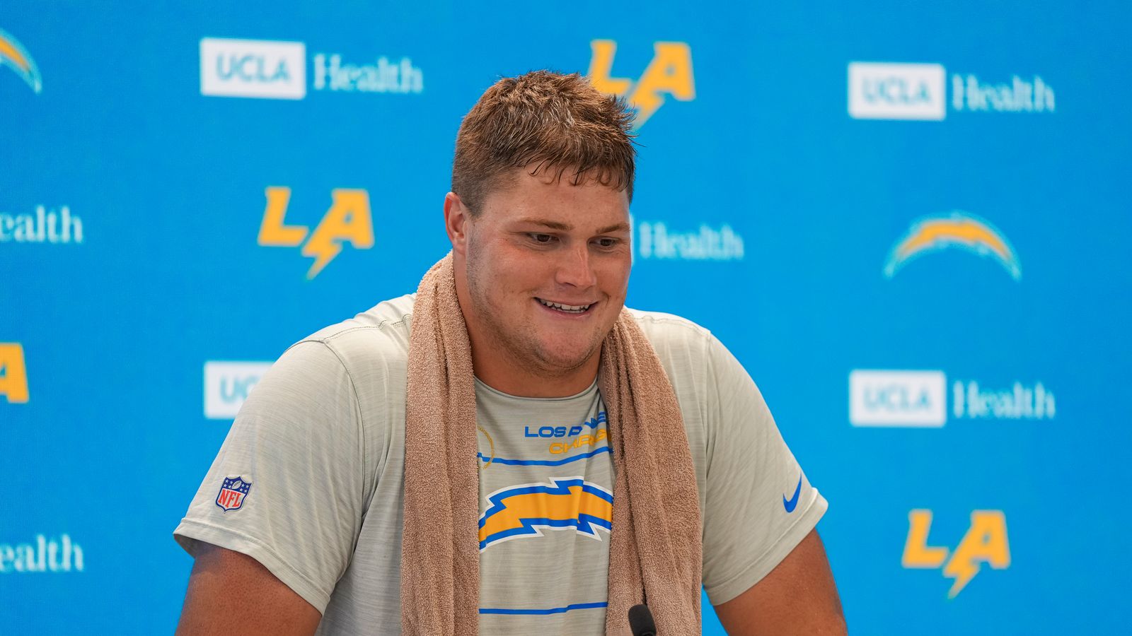 Joe Alt responds to media questions before Chargers OTA