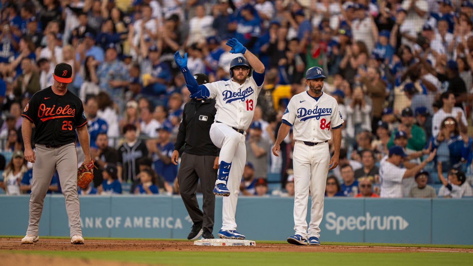 Max Muncy celebrates a hit in Dodgers game