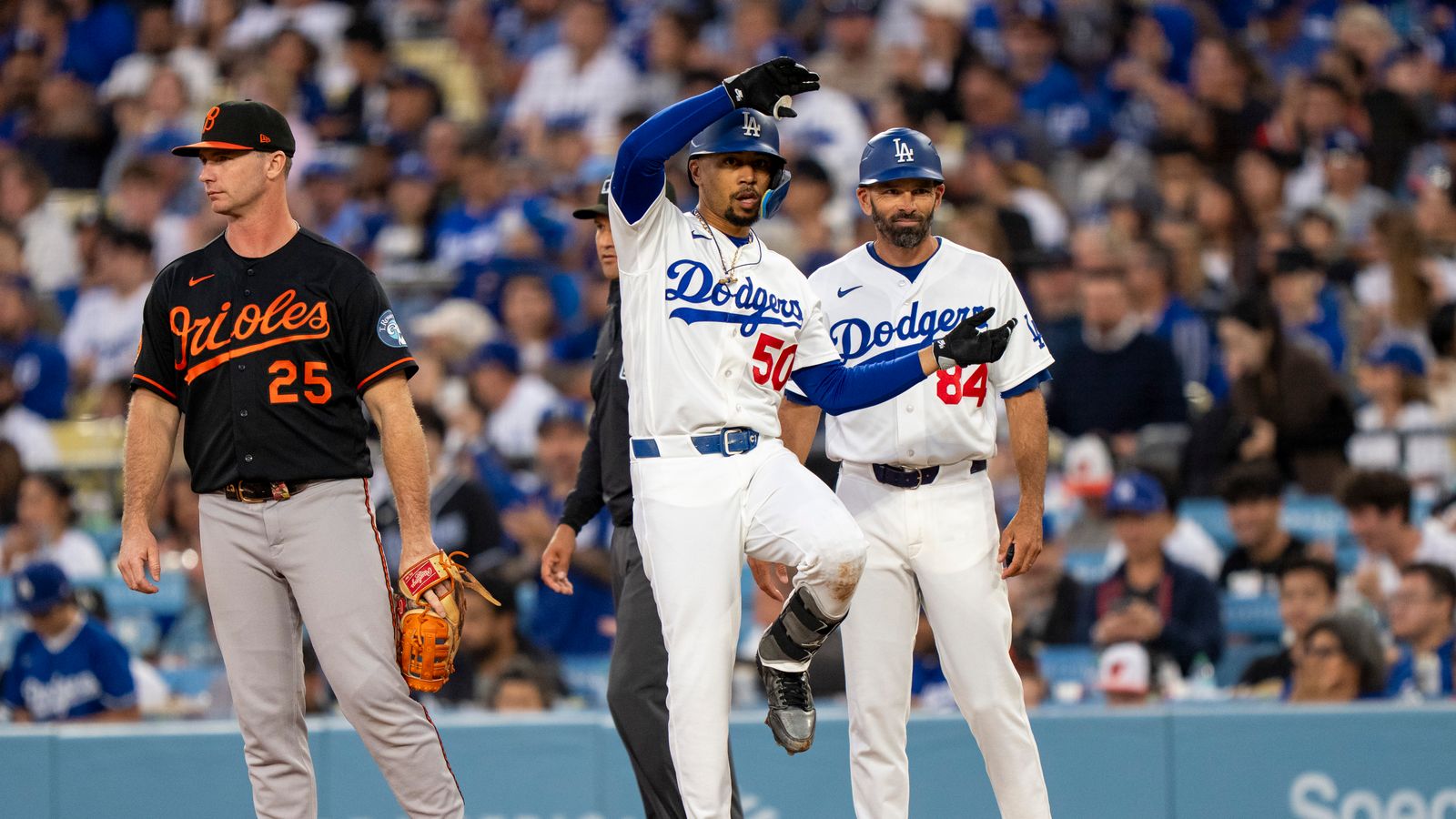 Mookie Betts celebrates a hit in Dodgers game