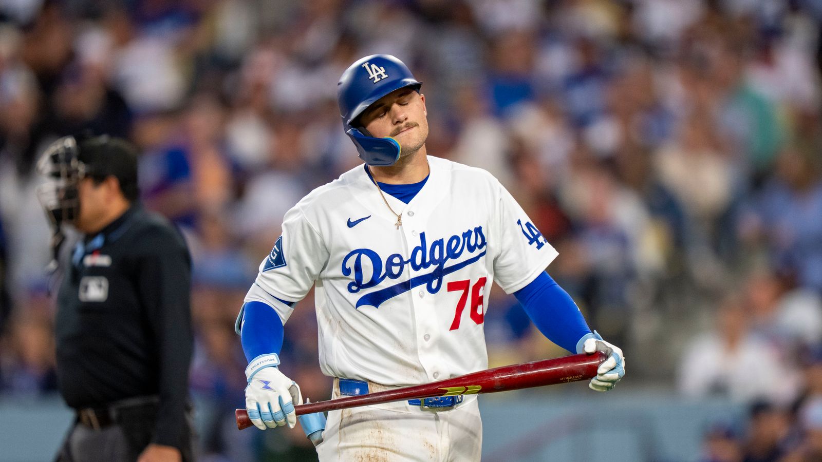 Alex Freeland upset after striking out in Dodgers game